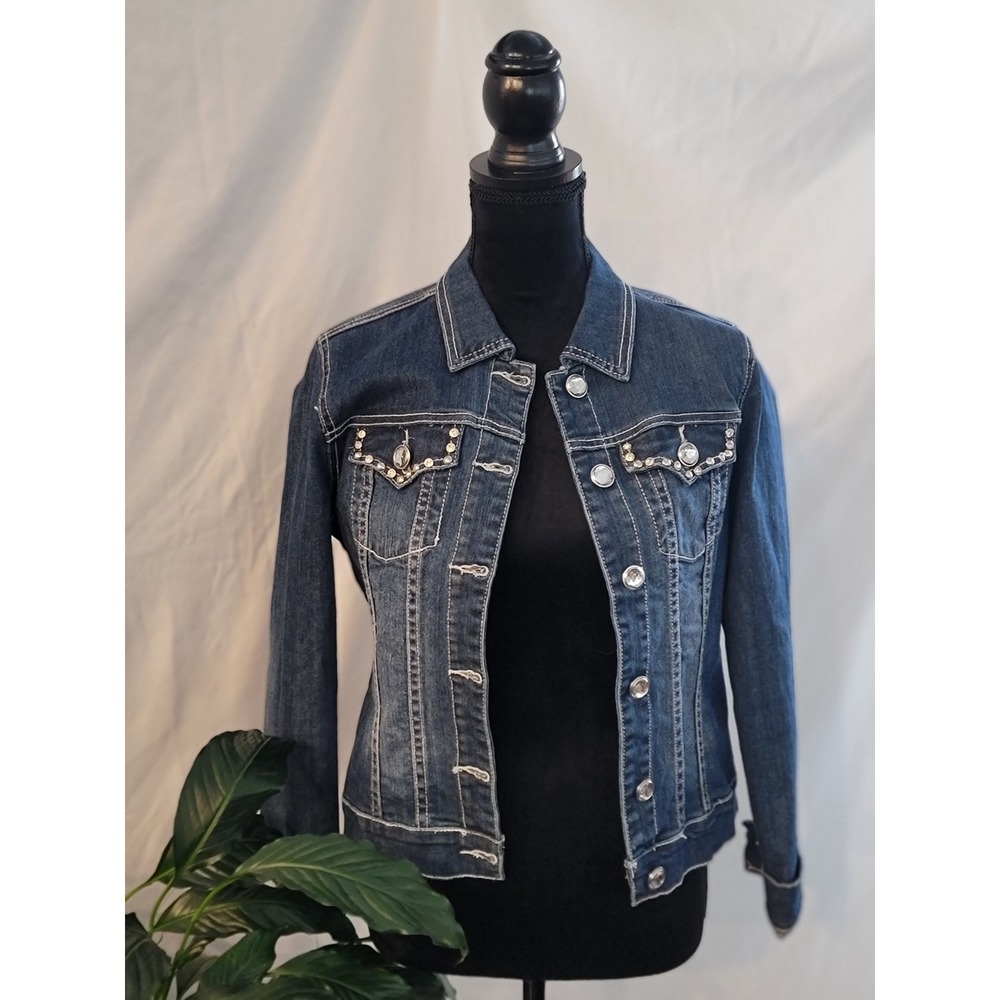 Miss Chic Jeans Womens Medium Wash Rhinestone Embellished Denim Jacket‎ Size M